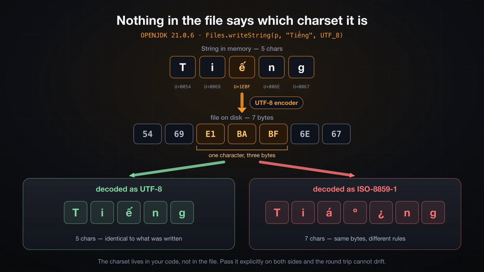 One string, encoded once and decoded two ways, with the real byte values